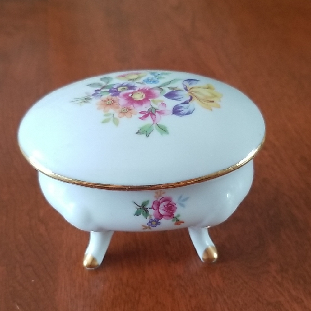 Vintage Floral Porcelain Trinket Box with Gold Accents